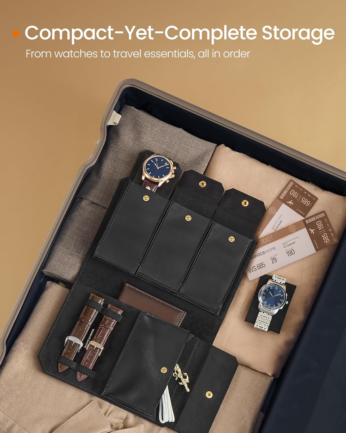 SONGMICS HOME RONNE Collection - 3 Watch Travel Case, PU Leather Woven Embossed Watch Pouch, Portable Watch Storage Organizer, 8.7 x 5.7 x 1.8 Inches, Gift Idea, Ink Black UJWB018B01 ? ? ? ? ? - Image 4