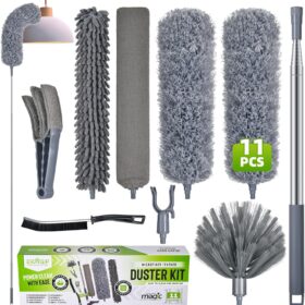 Extendable Feather Duster with Extension Pole 30 to 100 Inches, 11 Pcs Cleaning Kit with Microfiber Feather Dusters, Crevice Cleaning Brush, for Cobwebs, Blinds, Furniture, High Ceilings & Cars                 