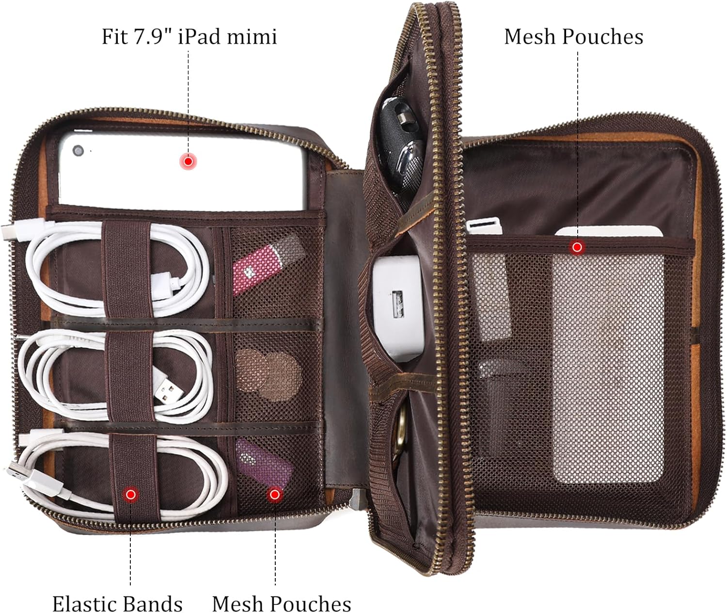 Polare Full Grain Leather Travel Cable Organizer Case Double Layer Electronics Accessories Carry Bag with YKK Zippers Tech Storage Bag for Cables, Power Bank, USB, SD Card ? ? ? ? ? - Image 2