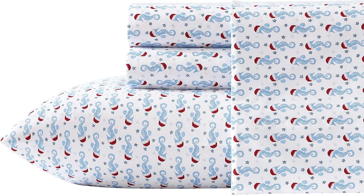 Nautica - Queen Sheet Set, Brushed Flannel Bedding Set, Soft & Cozy Home Decor, Oeko-Tex Certified (Holiday Seahorse Blue, Queen)