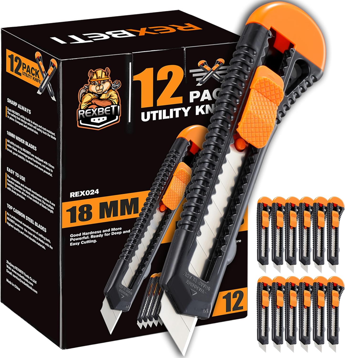 REXBETI 12-Pack Utility Knife, Retractable Box Cutter for Cartons, Cardboard and Boxes, 18mm Wider Razor Sharp Blade, Smooth Mechanism, Perfect for Office and Home use ? ? ? ? ?