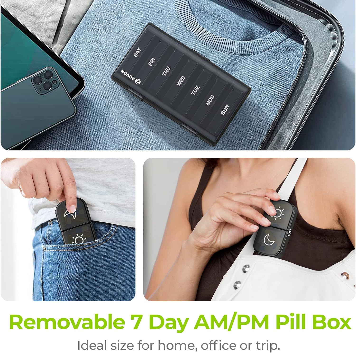 AUVON XL Weekly Pill Organizer 2 Times a Day, Pill Box 7 Day with One-Side Large Openings for Easy to Use, Black Privacy Protection AM PM Pill Case for Medication, Vitamins, Fish Oils, Supplements ? ? ? ? ? - Image 6