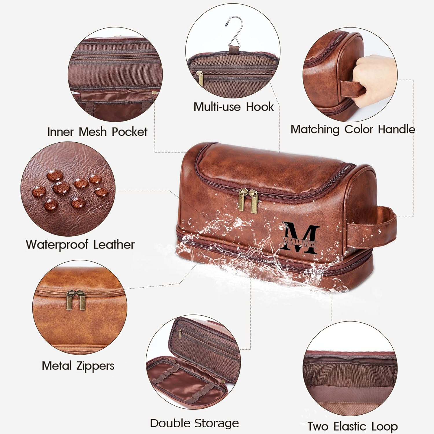 Flycalf Personalized Toiletry Bag for Men Shaving Bag Hanging Water Resistant Leather Father's Day 2023 Large Capacity Organizer Engraved Text Shower Toiletries Accessories ? ? ? ? ? - Image 5