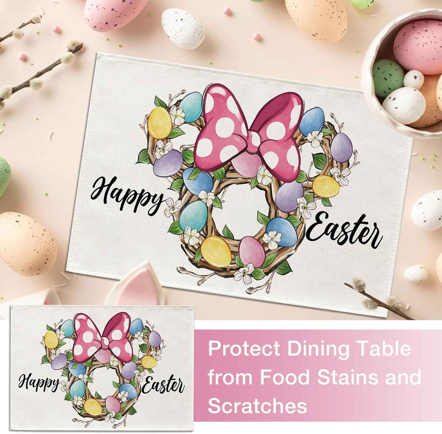 Seliem Happy Easter Placemats Set of 4, Easter Egg Wreath Dining Table Place Mats, Spring Kitchen Decor Home Decoration 12 x 18 Inch ? ? ? ? ? - Image 4