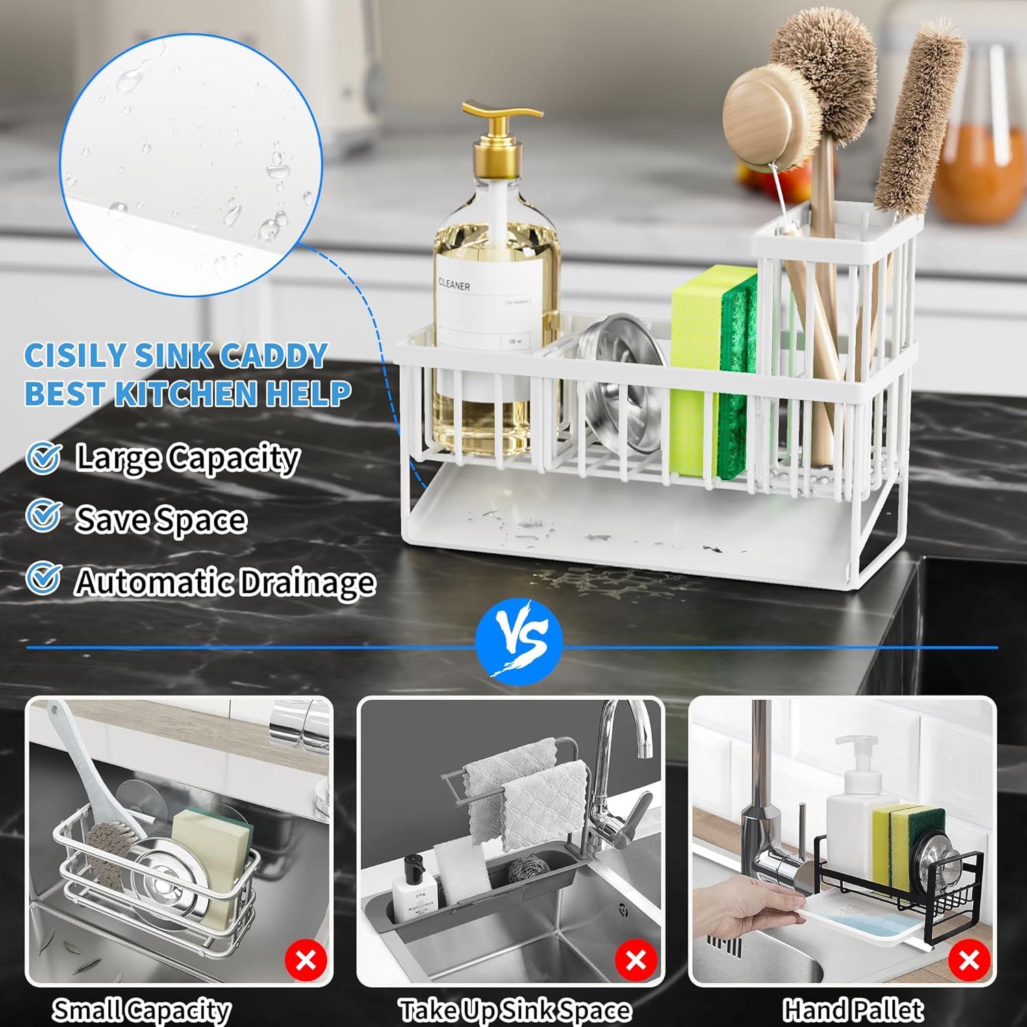 Cisily Sink Caddy Sponge Holder for Kitchen Sink, 304 Stainless Steel Rustproof, Kitchen Sink Caddy with High Brush Holder, Kitchen Sink Organzier Dish Sponge Organizer with Divider(White) - Image 2