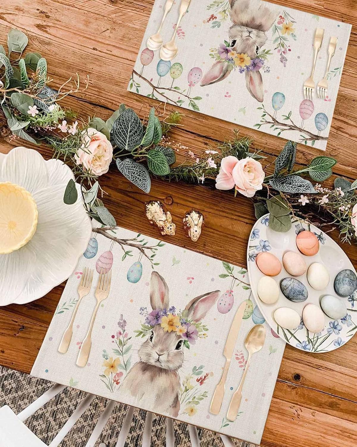 Easter Egg Bunny Placemats Set of 6, Washable Table Mats for Kitchen Dining Table, Cotton Linen Place Mats for Indoor Outdoor Parties Holiday Decoration, Spring Flowers Rabbit ? ? ? ? ? - Image 4