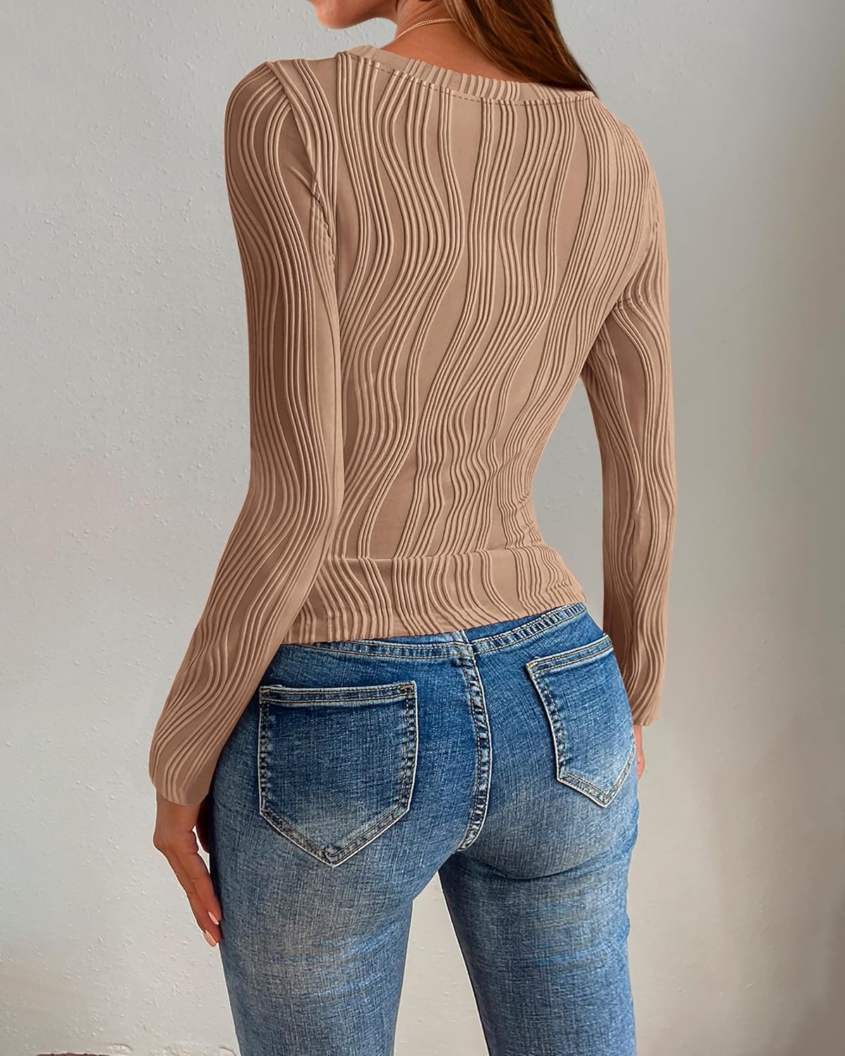 PRETTYGARDEN Women's Tops 2025 Cute Long Sleeve Crewneck Blouses Plain Slim Fit Fall Shirts Textured Knit Basic T Shirts - Image 5