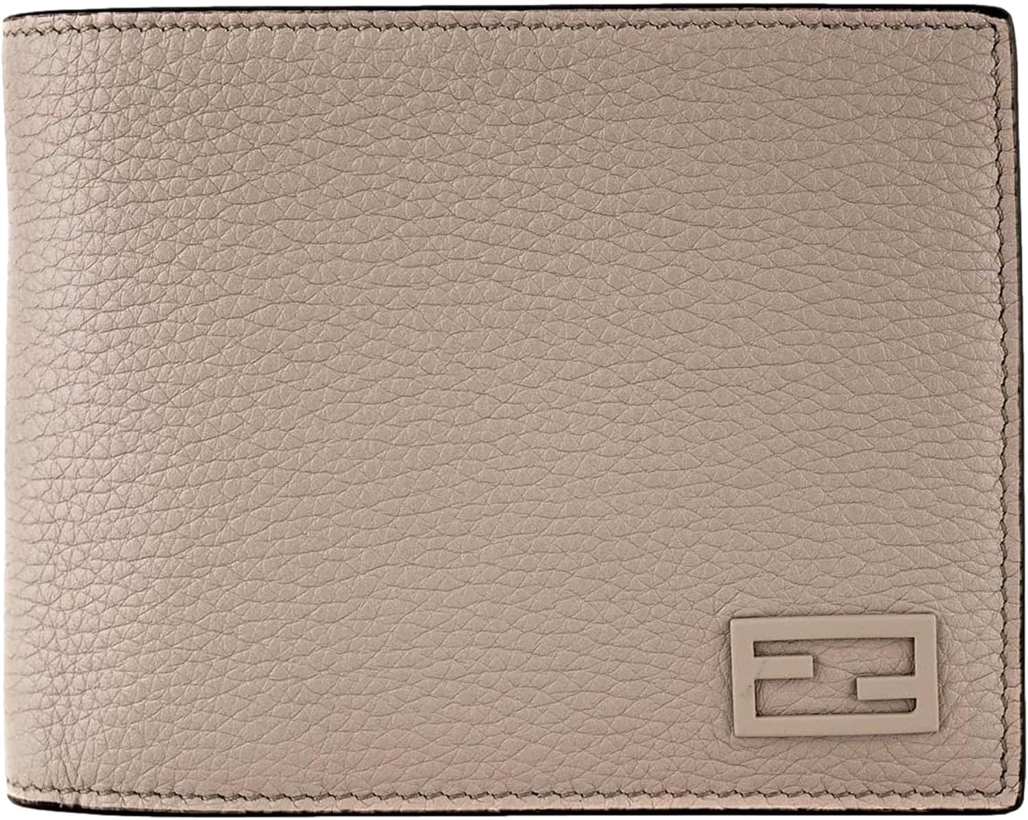 FENDI FF Logo Plaque Light Gray Pebbled Calf Leather Bifold Wallet ? ? ? ? ?