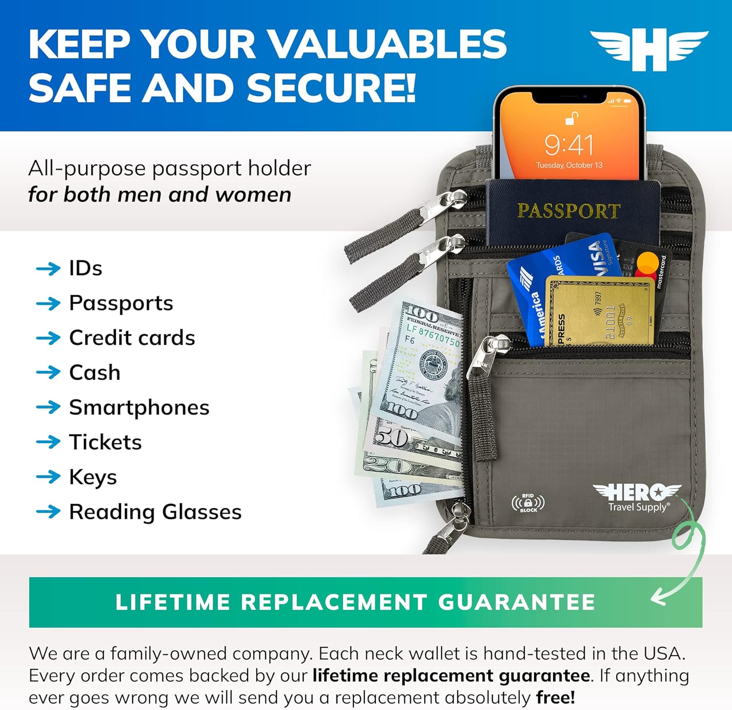 HERO Neck Wallet ? RFID Blocking Passport Holder ? Easy to Conceal Travel Pouch ? ? ? ? ? - Image 2
