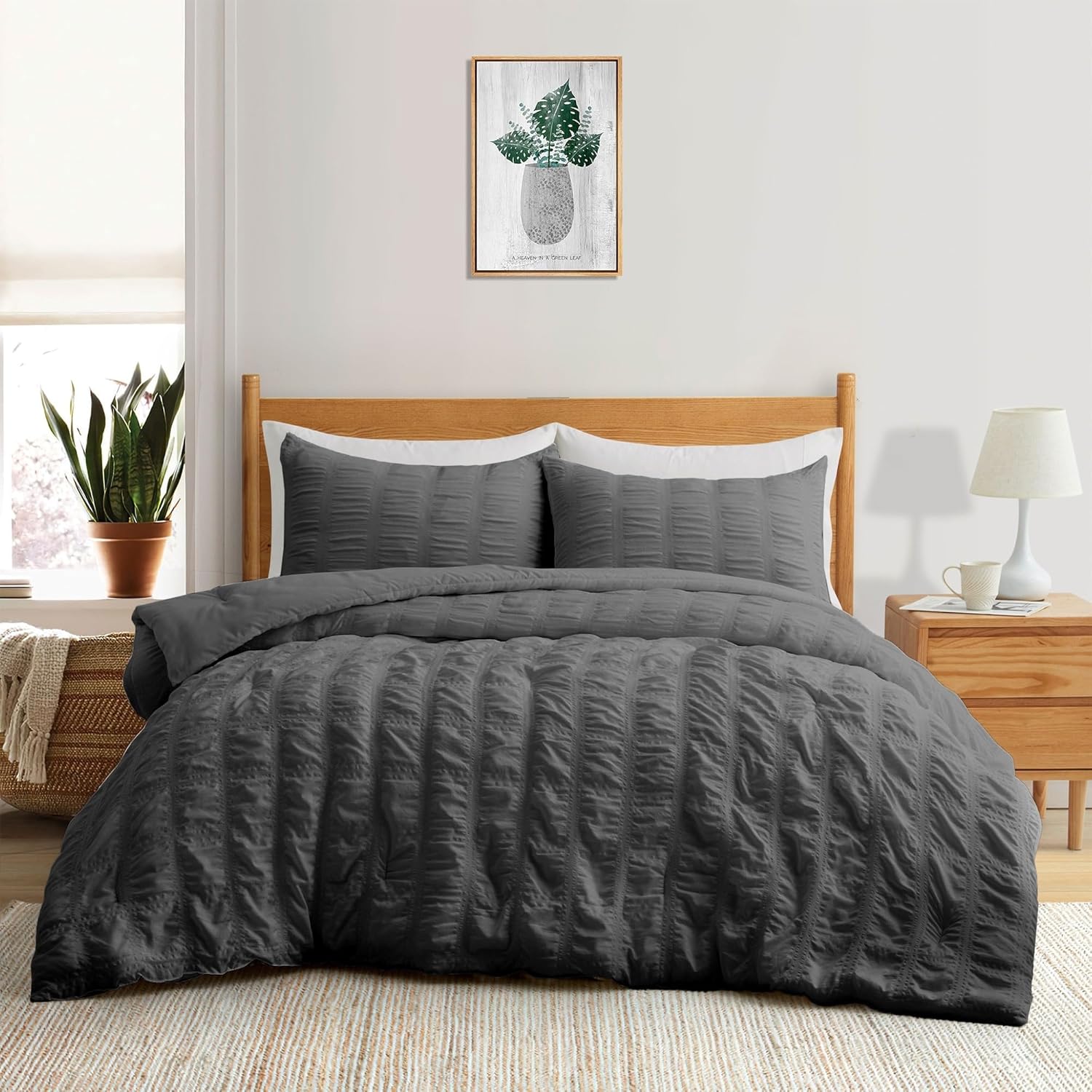 3-Piece Seersucker Bubble Ruffled Chic Textured Comforter Set, Lightweight Bedding Set Gray - Twin