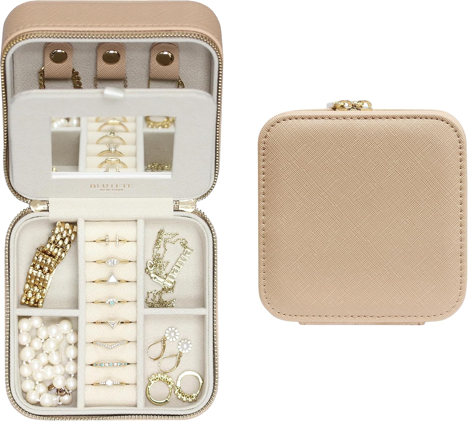 BLUTETE Saffiano Leather Travel Jewelry Box with Mirror | Portable Jewelry Zipper Case | Multi Compartments Jewelry Organizer for Women | Popular Gift Jewelry Box Rings Earrings Nacklaces (Sand) ? ? ? ? ?