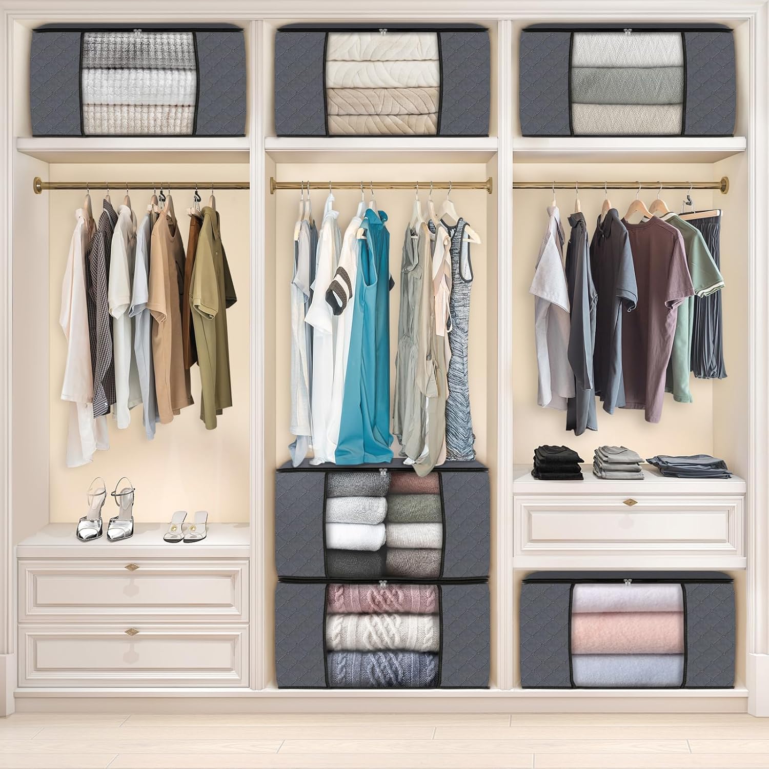 Fab totes 6 Pack Clothes Storage, Foldable Thick Fabric Blanket Storage Bags, Storage Containers for Organizing Bedroom, Closet, Clothing, Comforter, Organization and Storage with Handle,Grey ? ? ? ? ? - Image 6