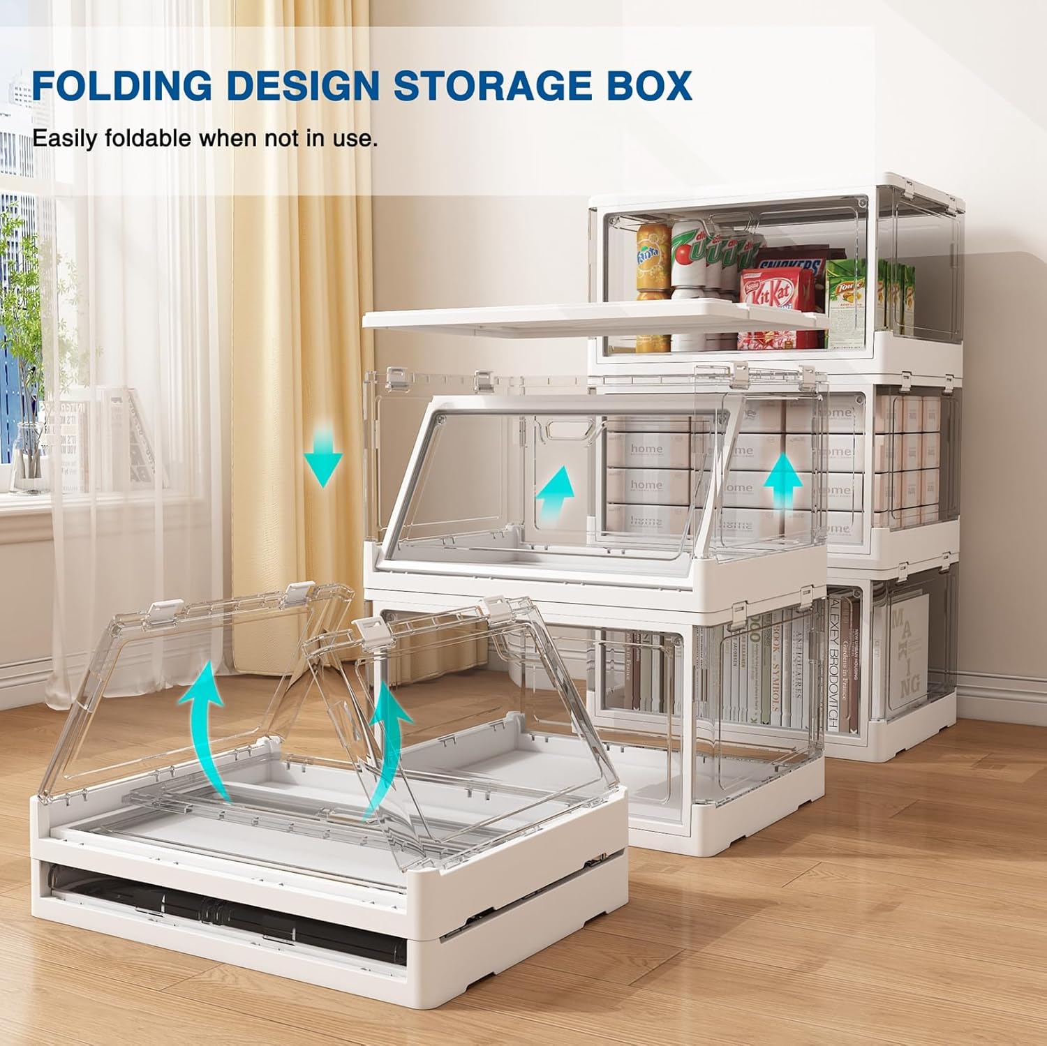 3-Pack Clear Stackable Storage Bins with Lids Magnetic Doors Open Front Foldable Folding Plastic Craft Containers Large Closet Organizers Box for Bedrooms Living Rooms Study Kids' Toys 24 QT - Image 4