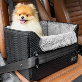 PETSFIT Dog Car Seat, Waterproof PU Leather Dog Carseat with Patent Safe Buckles, Clip-On Leash, Pet Travel Carrier Bed for Small Pets Up to 25lbs (Black) ?   ?   ?  ?   ?