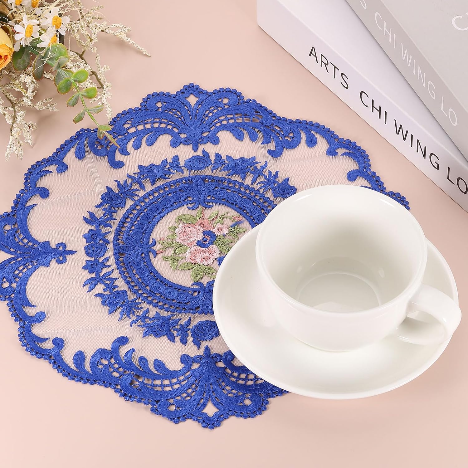uxcell 2Pcs Retro Lace Placemats, French Crochet Doilies Round Embroidered Hollow Cup Vase Table Mat for Dining Table Kitchen Party 11.02x11.02inch, Green - Image 4