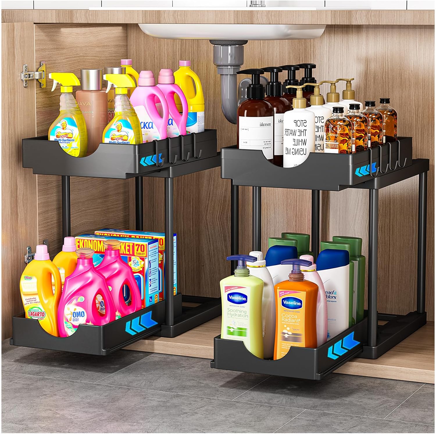 2 Pack Double Sliding Under Sink Organizers and Storage,Two Tier Bathroom Storage and organization,Under Cabinet Organizer with Hooks,Home Organization,Black ? ? ? ? ?