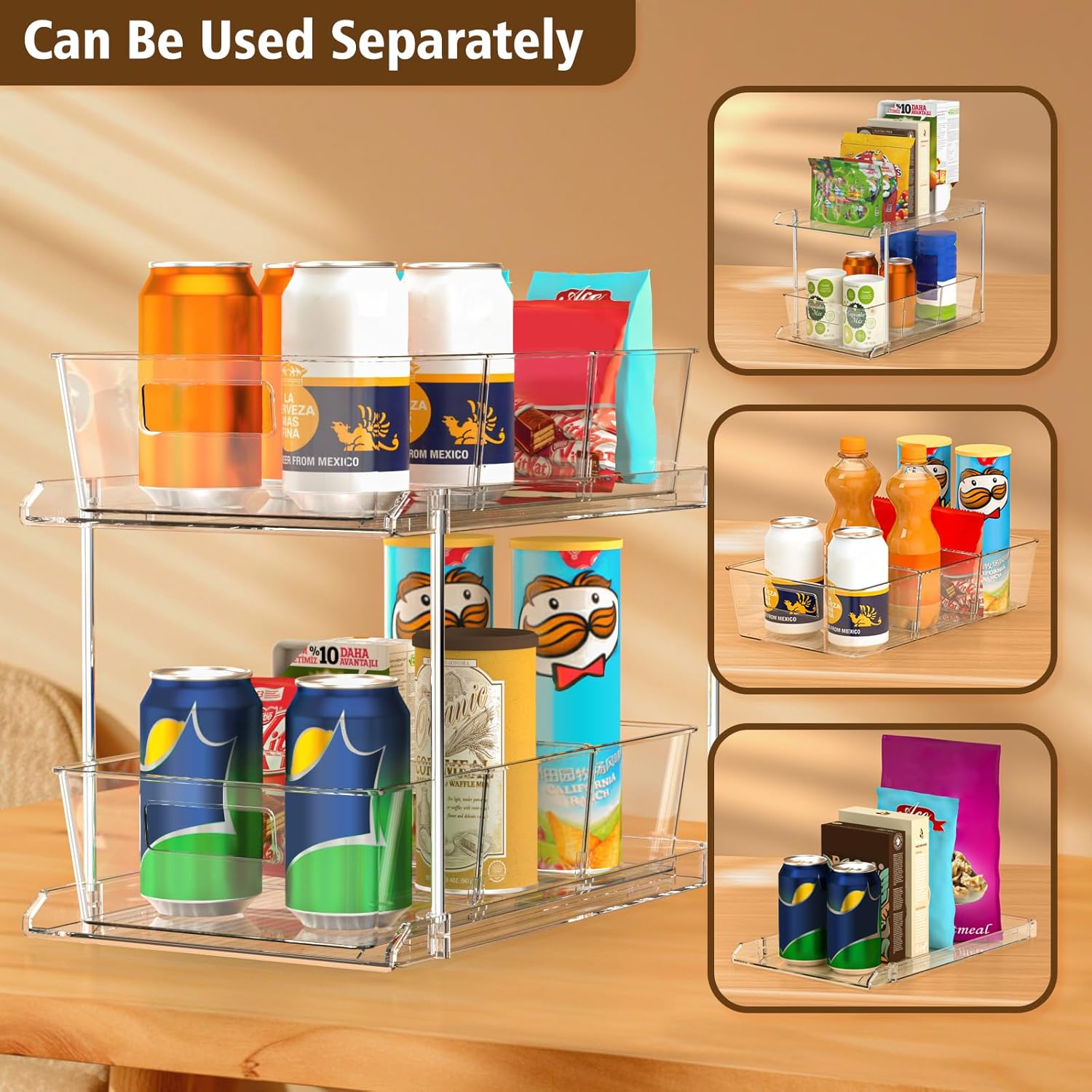 Pull-out Home Organizer, 2 Pack 2 Tier Clear Bathroom Organizer with Dividers, Multipurpose Vanity Counter Tray, Kitchen, Closet Organizers, Cabinet & Storage Container Bins - Image 3