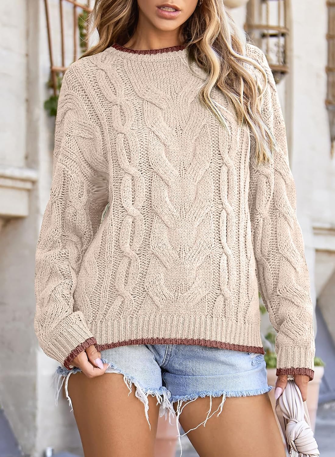 EVALESS Sweaters for Women Trendy Crewneck Long Sleeve Color Block Sweater Tops Fall 2024 Chunky Cable Knit Pullover Sweaters ? ? ? ? ? - Image 2