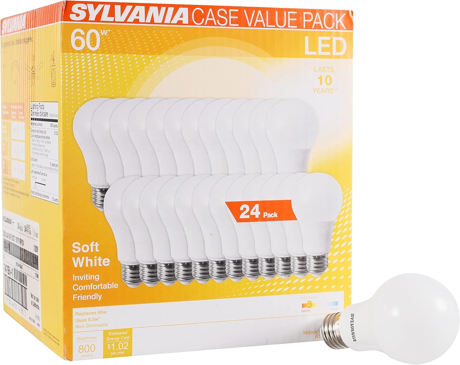 SYLVANIA LED A19 Light Bulb, 60W Equivalent, Efficient 8.5W, 10 Year, 2700K, 800 Lumens, Frosted, Soft White - 24 Pack (74765), Packaging may vary. ? ? ? ? ?