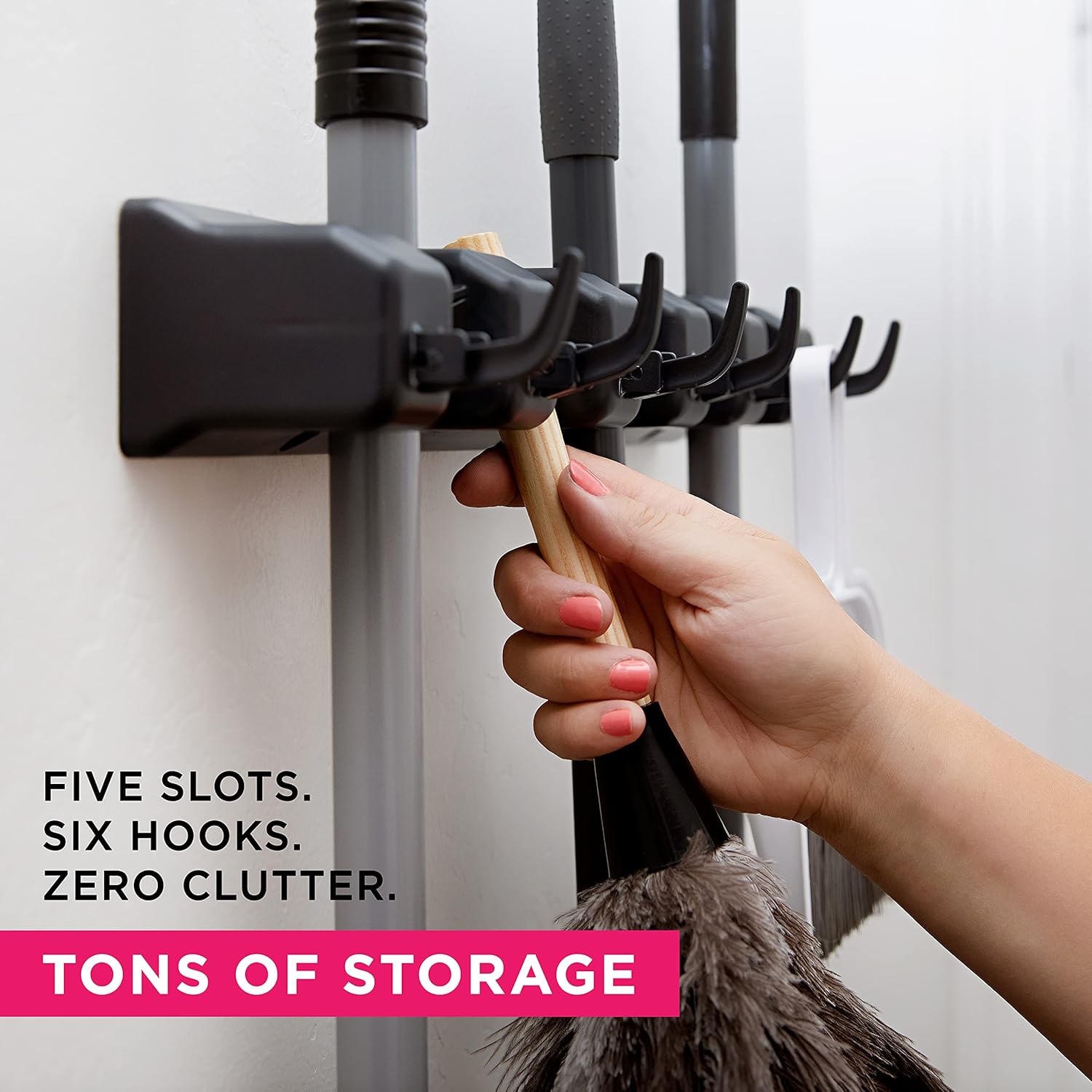 Berry Ave Broom Holder & Wall Mount Garden Tool Organizer - Home Laundry Room, Kitchen, Closet, Shed, Garage Organization and Storage Utility Rack - 5 Slots & 6 Hooks -Rake, Shovel, Mop Hanger (Black) ? ? ? ? ? - Image 2