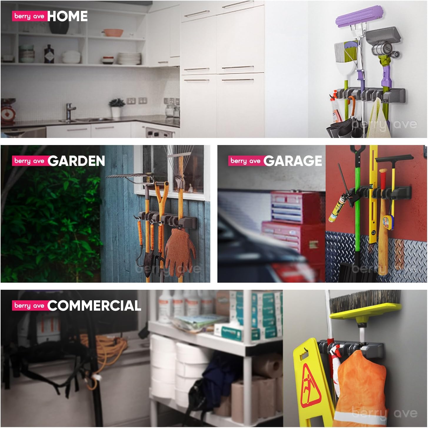 Berry Ave Broom Holder & Wall Mount Garden Tool Organizer - Home Laundry Room, Kitchen, Closet, Shed, Garage Organization and Storage Utility Rack - 5 Slots & 6 Hooks -Rake, Shovel, Mop Hanger (Black) ? ? ? ? ? - Image 3