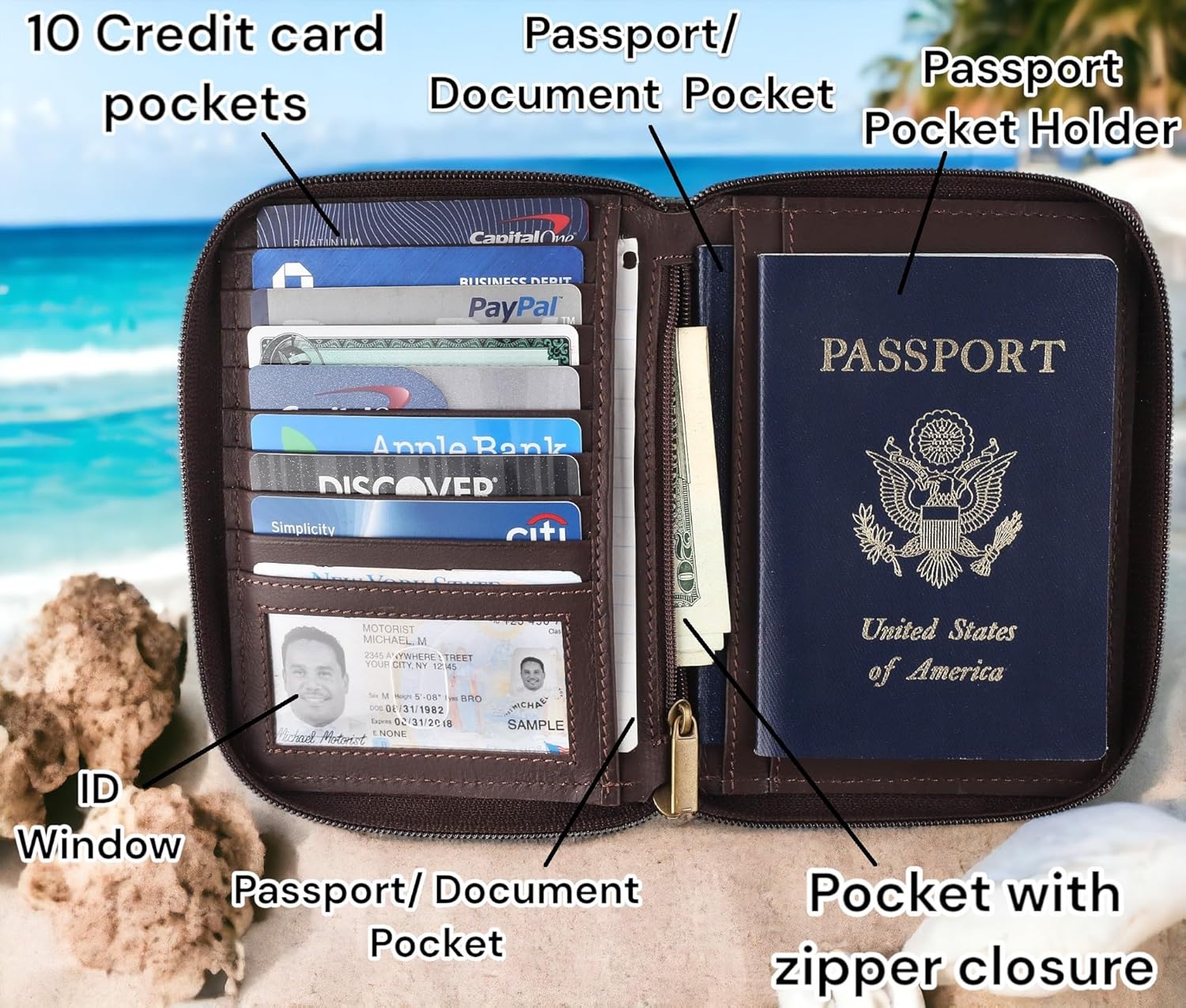 Passport Wallet - Travel Document Holder w/RFID Blocking ? Full Grain Leather ? Bifold compact zip around Wallet with Credit Card Slots for Women and Men,Turquoise floral,500-50 ? ? ? ? ? - Image 2