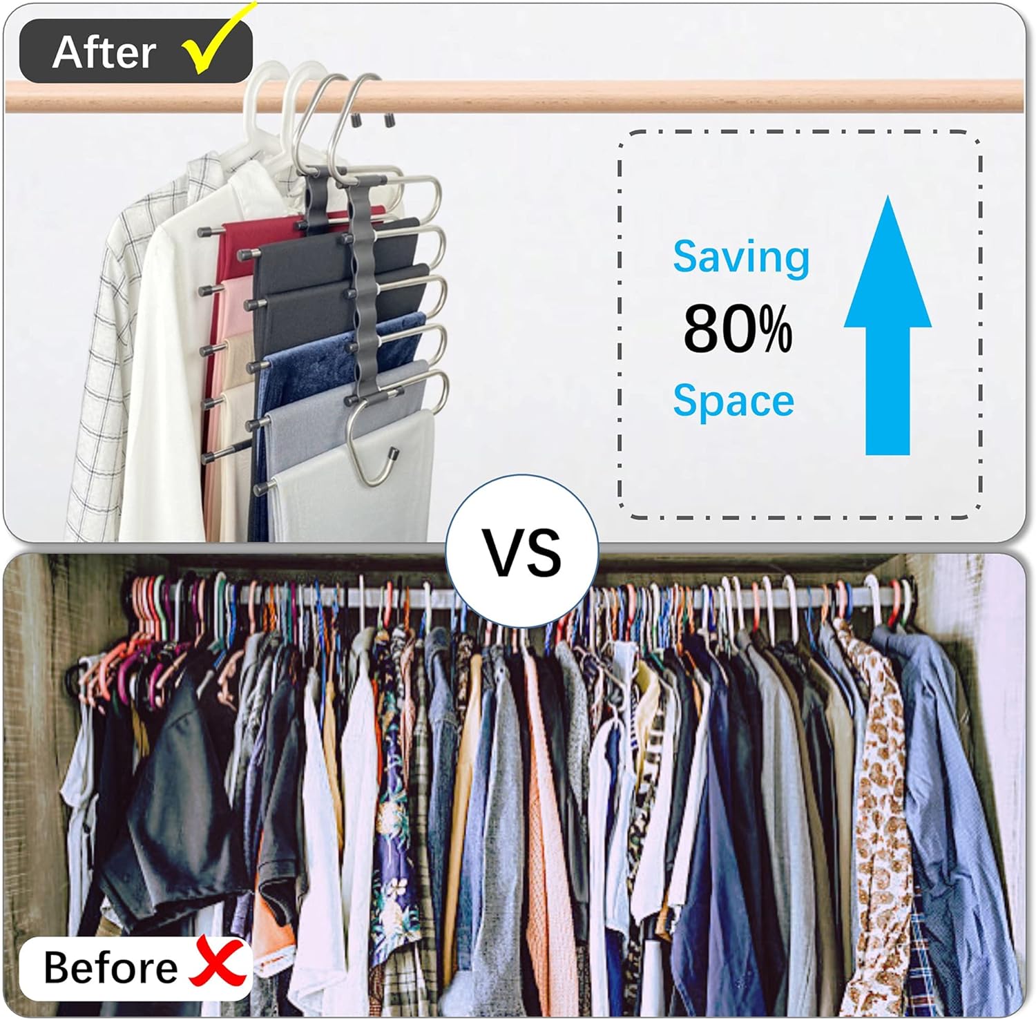 Magic Pants Hangers Space Saving - 2 Pack for Closet Multiple Layers Multifunctional Uses Rack Organizer for Trousers Scarves Slack (2 Pack with 10 Metal Clips) ? ? ? ? ? - Image 2