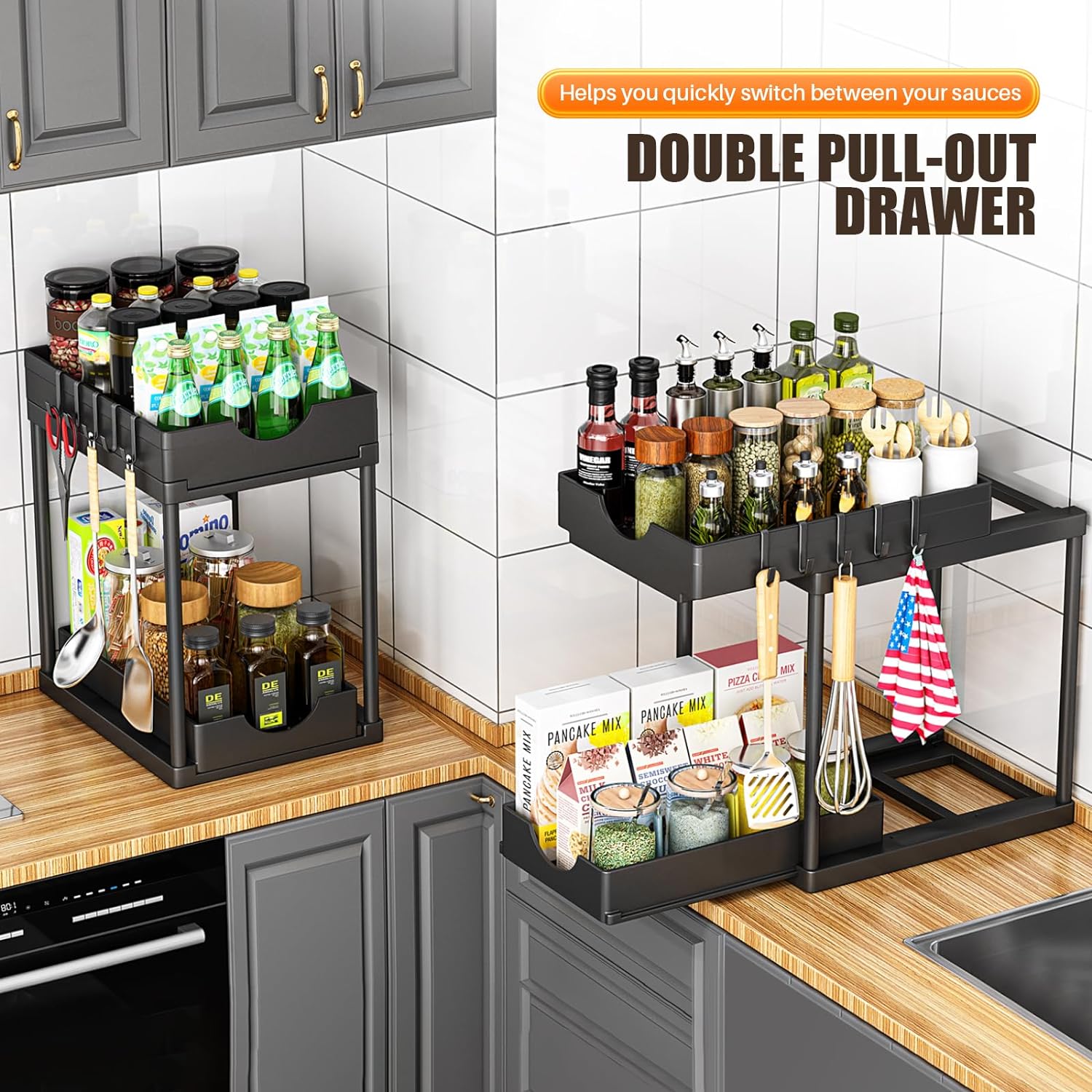 2 Pack Double Sliding Under Sink Organizers and Storage,Two Tier Bathroom Storage and organization,Under Cabinet Organizer with Hooks,Home Organization,Black ? ? ? ? ? - Image 4