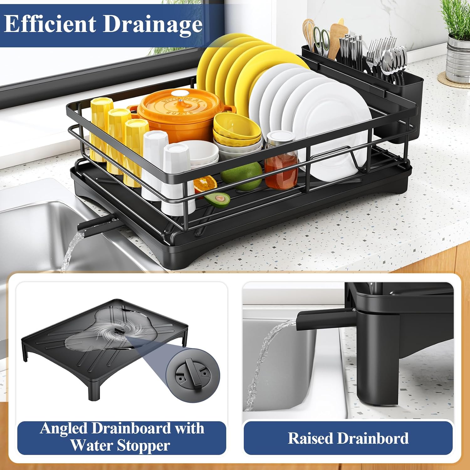 Dish Drying Rack for Kitchen Counter - Large Dish Rack with Drainboard, Rustproof Dish Drainer with Utensil Holder for Sink, Black - Image 4