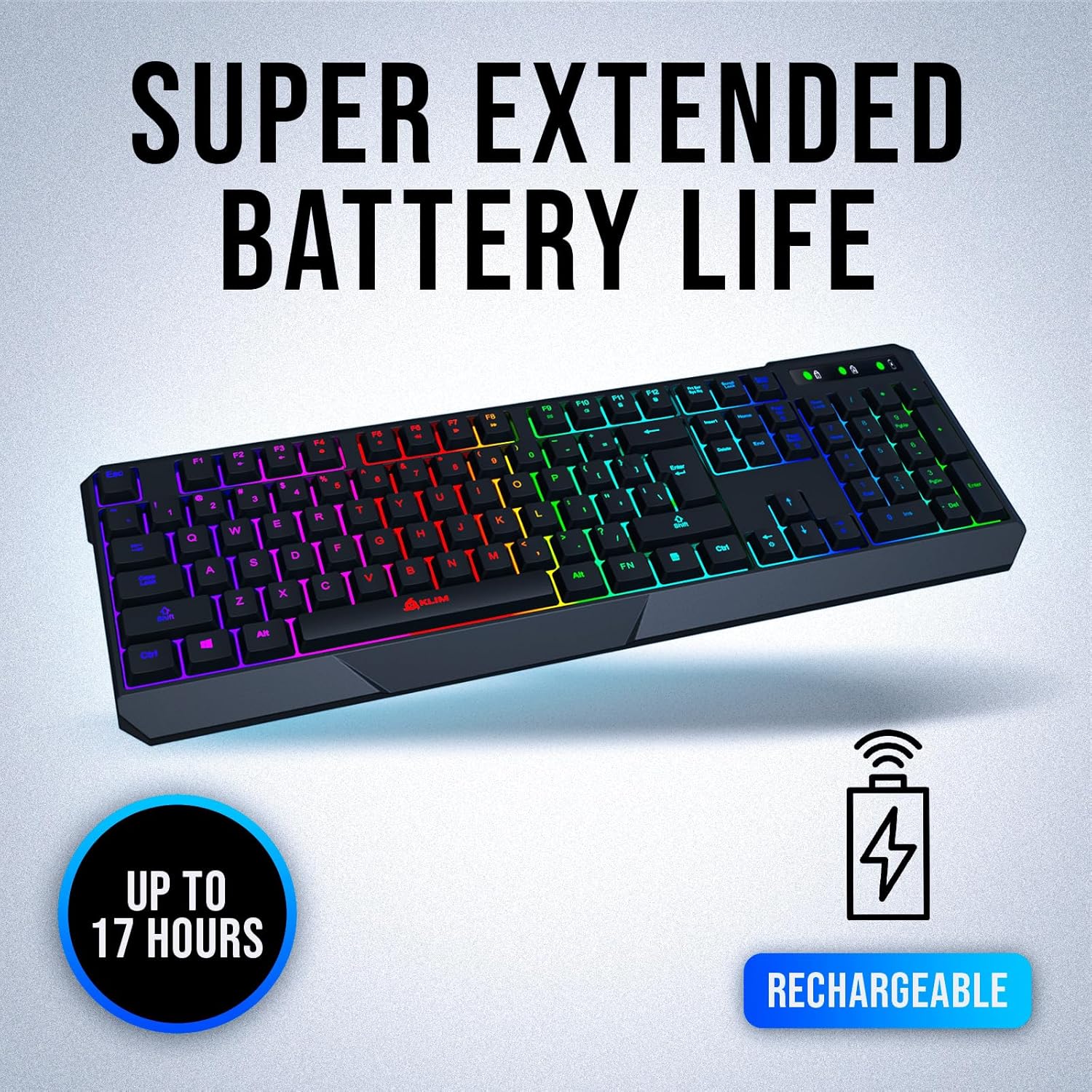 KLIM Chroma Wireless Gaming Keyboard RGB - Backlit Wireless Keyboard - Long-Lasting Rechargeable Battery - Quiet Water Resistant Ergonomic Keyboard - Teclado Gamer - PC PS5 PS4 Xbox One Mac - Black - Image 3