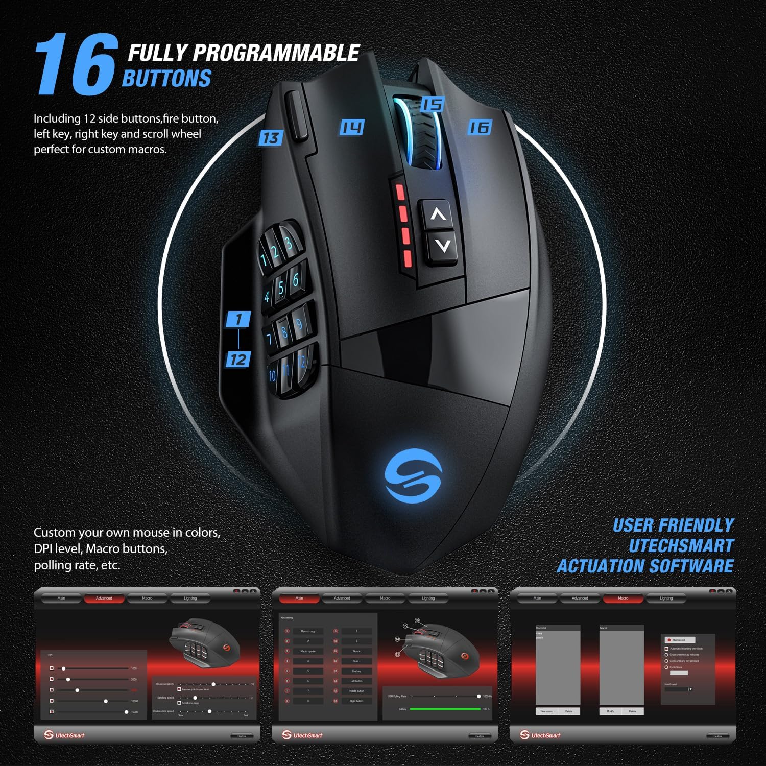 UtechSmart Venus Pro RGB Wireless MMO Gaming Mouse, 16,000 DPI Optical Sensor, 2.4 GHz Transmission Technology, Ergonomic Design, 16M Chroma RGB Lighting, 16 programmable Buttons, Up to 70 Hours ? ? ? ? ? - Image 5