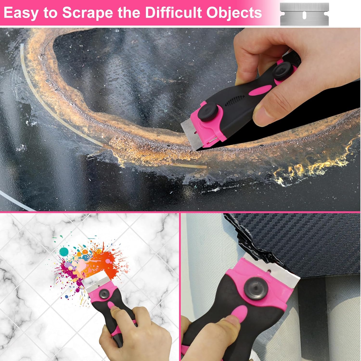 THINKWORK Razor Blade Scraper - Pink Razor Scraper Gift for Women, 2-in-1 Scraper Tool Set with 20Pcs Razor Blades for Removing Window Labels, Decals, Stickers, Glass Stove Top (2 Pack) - Image 4