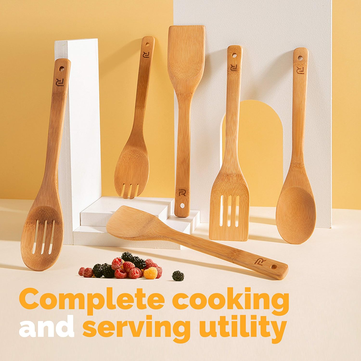 Riveira Bamboo Wooden Spoons for Cooking 6-Piece, Apartment Essentials Wood Spatula Spoon Nonstick Kitchen Utensil Set Premium Quality Housewarming Gifts for Everyday Use - Image 2