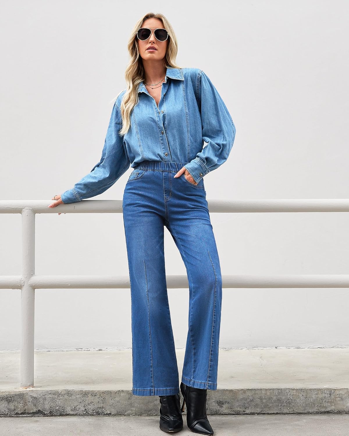 GRAPENT Pull On Womens Jeans Baggy Stretchy High Waisted Denim Wide Leg Trouser Pants Trendy Front Seam 90s Loose Jean ? - Image 3