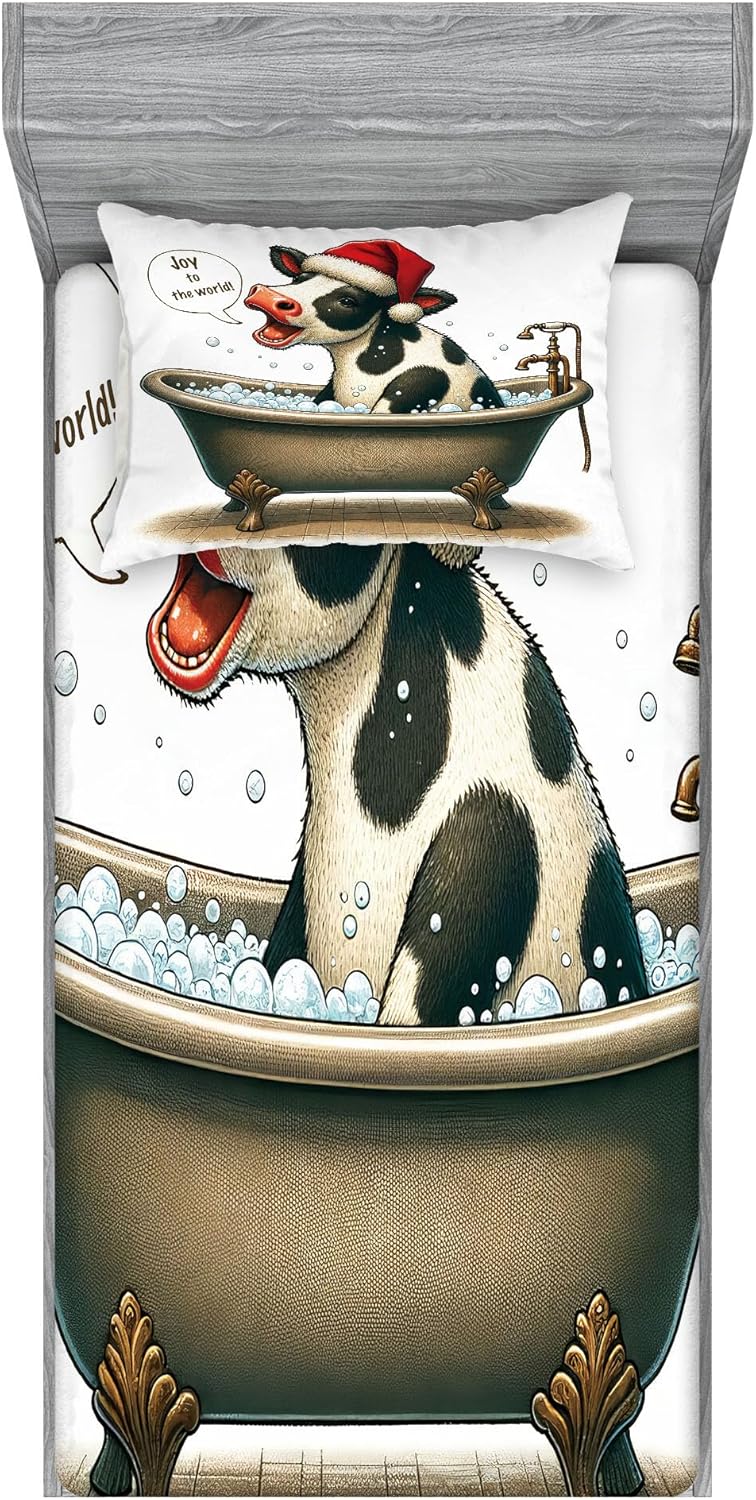 Ambesonne Christmas Fitted Sheet & Pillow Sham Set, Funny Cow Having a Bubbly Bath Humorous Xmas Caricature Joy to World, Decorative Printed 2 Piece Bedding Decor Set, Twin, Dark Sepia Red White ? ? ? ? ?