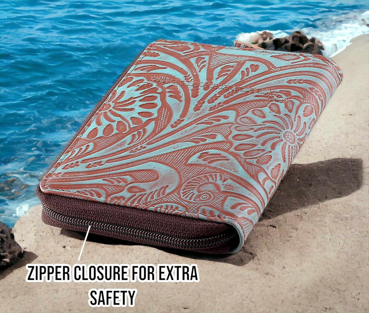Passport Wallet - Travel Document Holder w/RFID Blocking ? Full Grain Leather ? Bifold compact zip around Wallet with Credit Card Slots for Women and Men,Turquoise floral,500-50 ? ? ? ? ? - Image 4