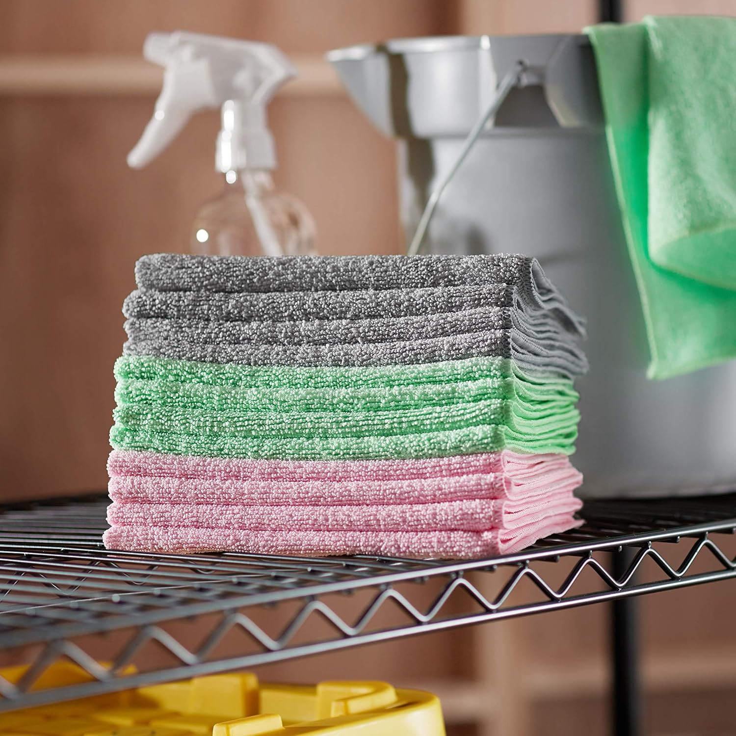 Amazon Basics Microfiber Cleaning Cloths, Non-Abrasive, Reusable and Washable, Pack of 36, Green/Gray/Pink, 16 - Image 5