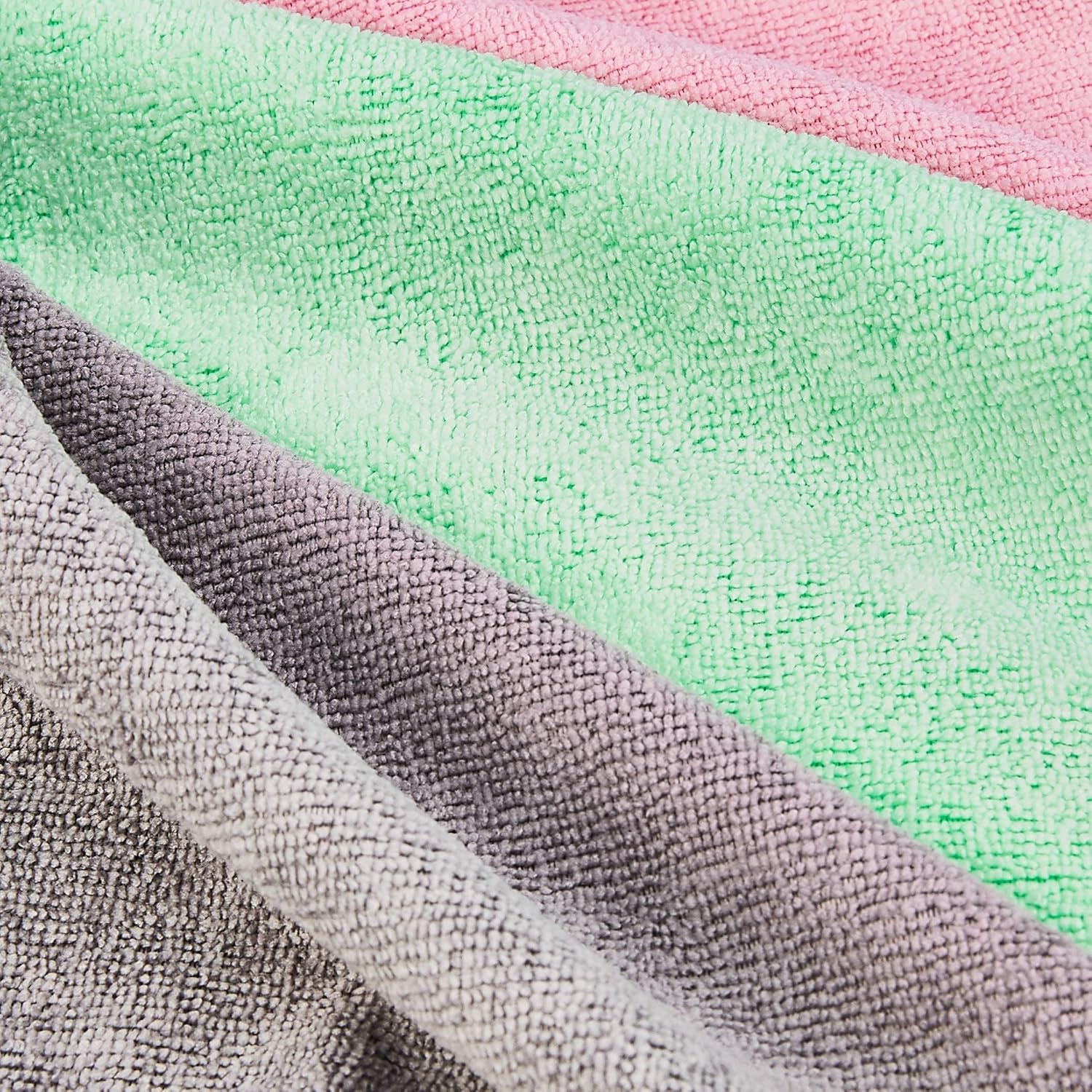 Amazon Basics Microfiber Cleaning Cloths, Non-Abrasive, Reusable and Washable, Pack of 36, Green/Gray/Pink, 16 - Image 3