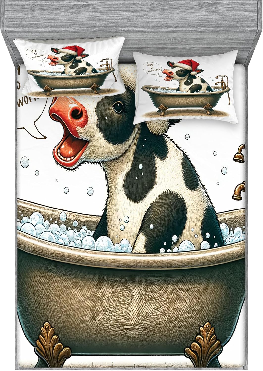 Ambesonne Christmas Fitted Sheet & Pillow Sham Set, Funny Cow Having a Bubbly Bath Humorous Xmas Caricature Joy to World, Decorative Printed 3 Piece Bedding Decor Set, Full, Dark Sepia Red White ? ? ? ? ?