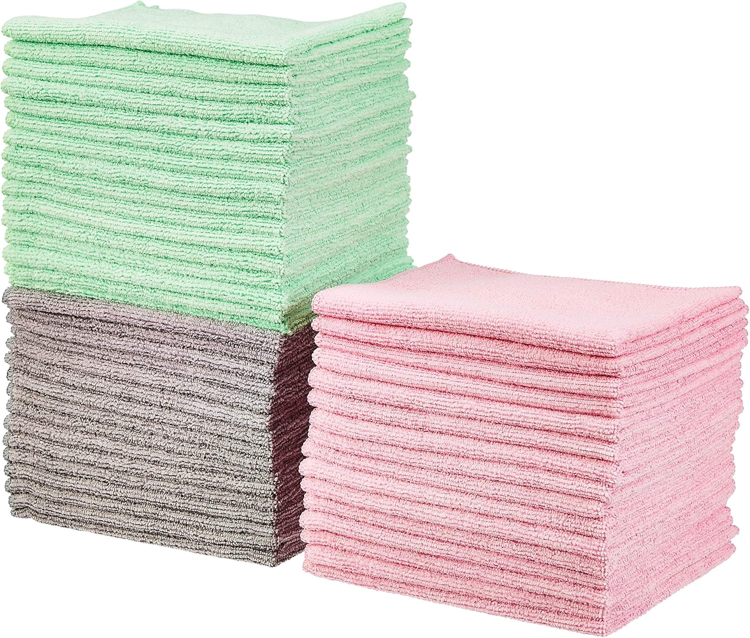 Amazon Basics Microfiber Cleaning Cloths, Non-Abrasive, Reusable and Washable, Pack of 36, Green/Gray/Pink, 16 - Image 6