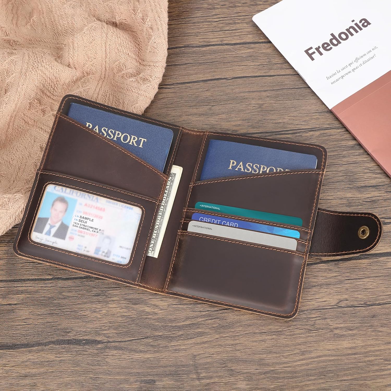 Polare Full Grain Leather Slim and Soft RFID Blocking Wallet for Men Snap Bifold Travel Wallet Passport Holders 2 Passports (Dark Brown with AirTag Slot) ? ? ? ? ? - Image 2