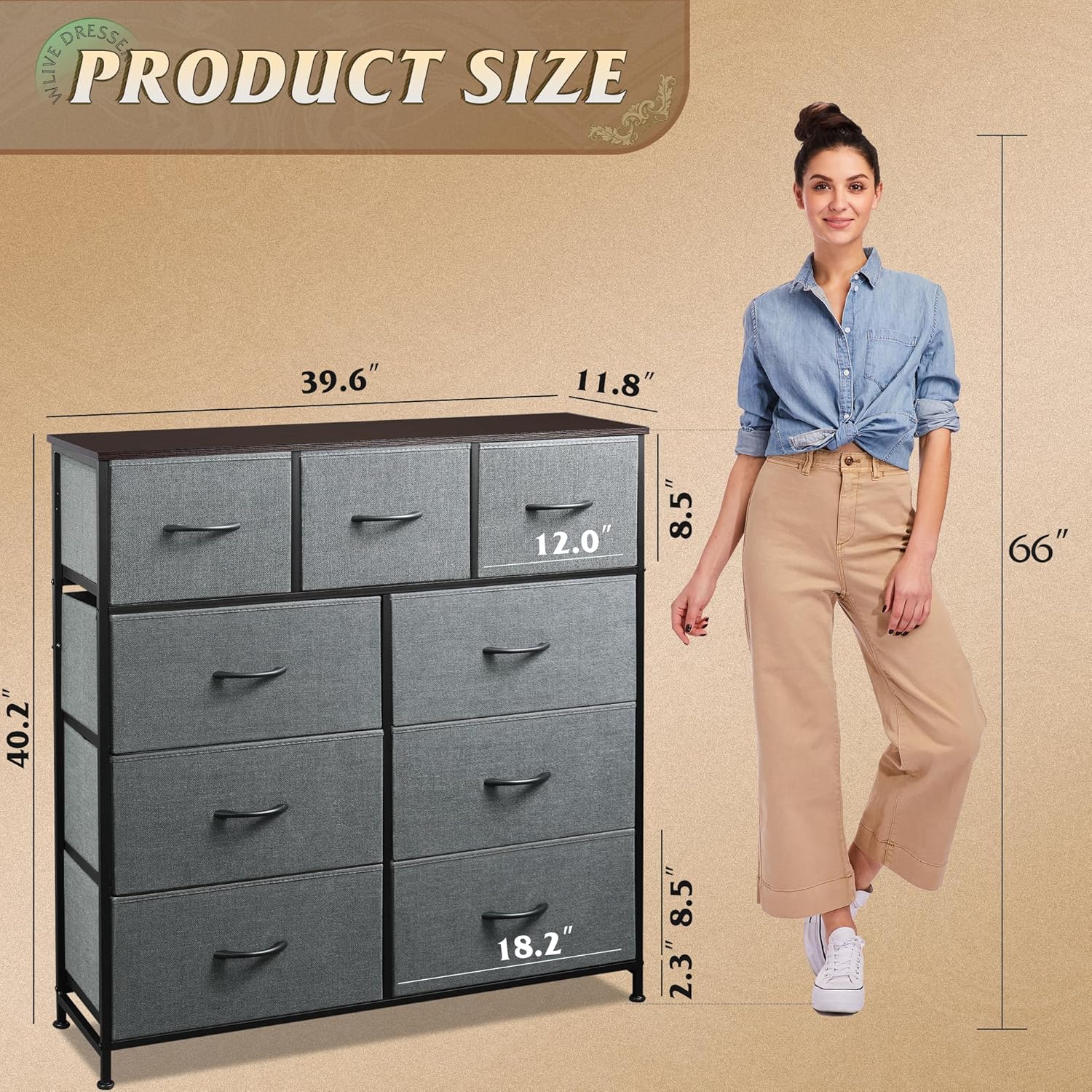 WLIVE 9-Drawer Dresser, Fabric Storage Tower for Bedroom, Hallway, Entryway, Closet, Tall Chest Organizer Unit with Fabric Bins, Steel Frame, Wood Top, Easy Pull Handle, Dark Grey ? ? ? ? ? - Image 3