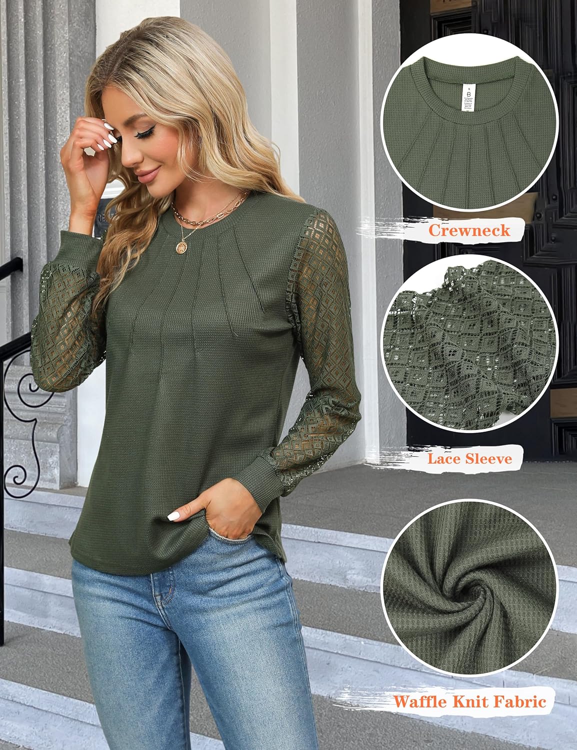 Blooming Jelly Women's Waffle Knit Tops Dressy Business Casual Blouses Lace Long Sleeve Work Shirts Fall Clothes ? - Image 2