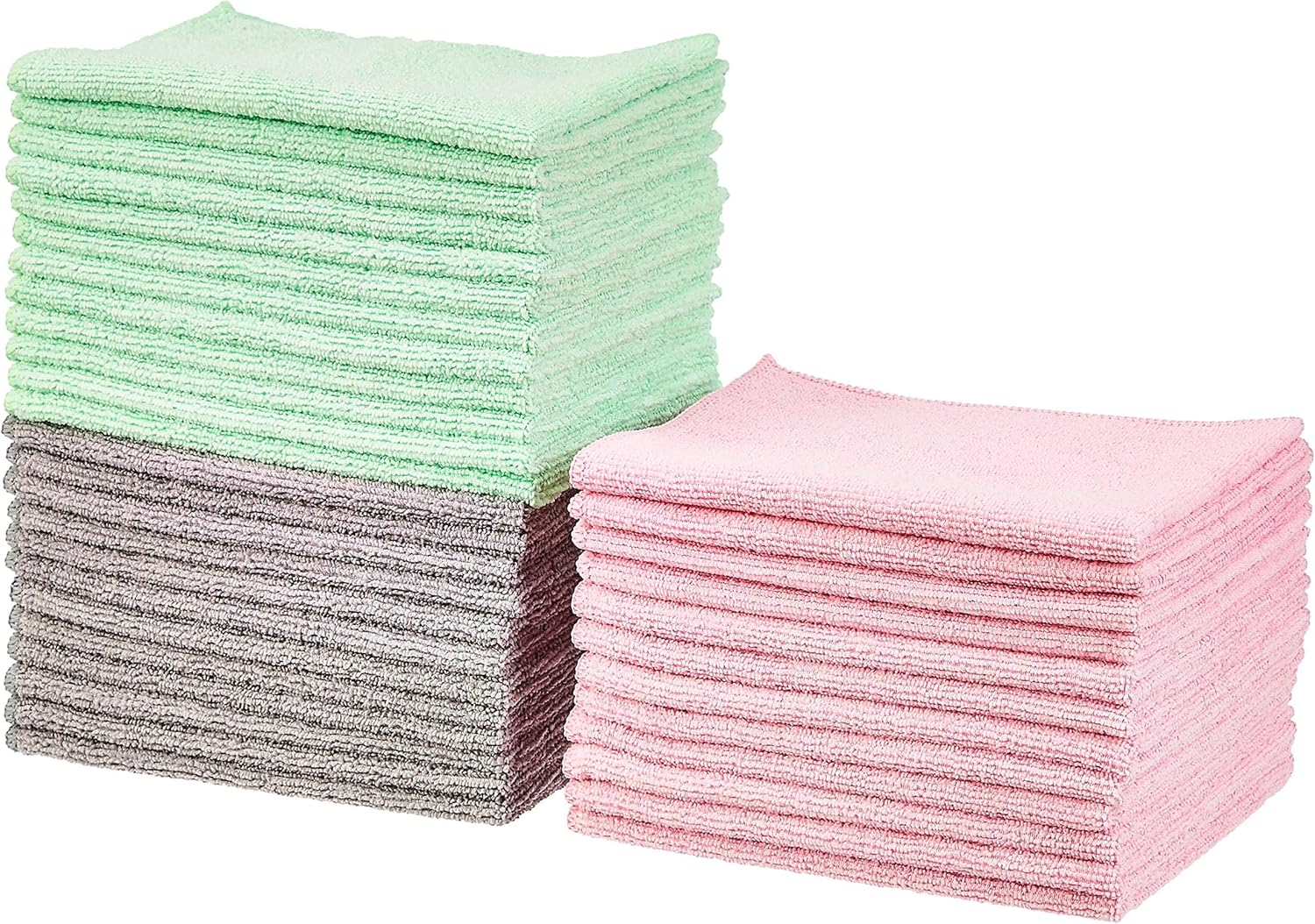 Amazon Basics Microfiber Cleaning Cloths, Non-Abrasive, Reusable and Washable, Pack of 36, Green/Gray/Pink, 16