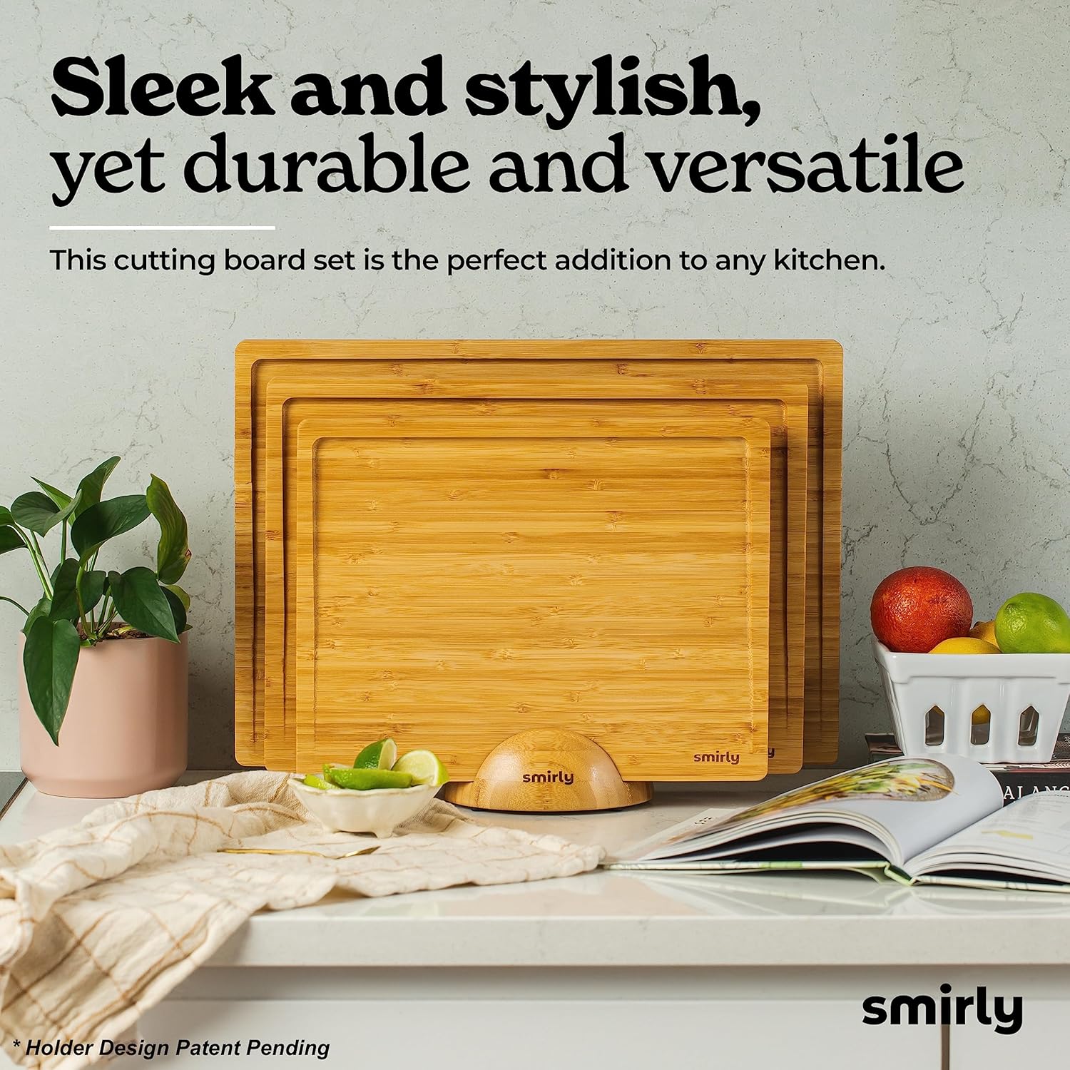 SMIRLY Wooden Cutting Boards For Kitchen Meal Prep & Serving - Bamboo Cutting Board Set with Holder, Charcuterie & Chopping Board, Wooden Cutting Board Set - Image 5