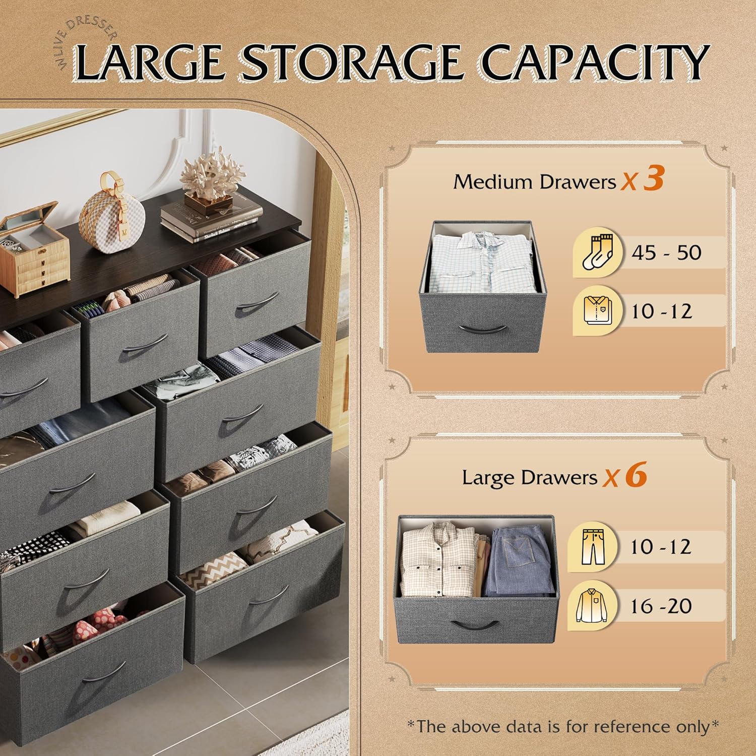 WLIVE 9-Drawer Dresser, Fabric Storage Tower for Bedroom, Hallway, Entryway, Closet, Tall Chest Organizer Unit with Fabric Bins, Steel Frame, Wood Top, Easy Pull Handle, Dark Grey ? ? ? ? ? - Image 4