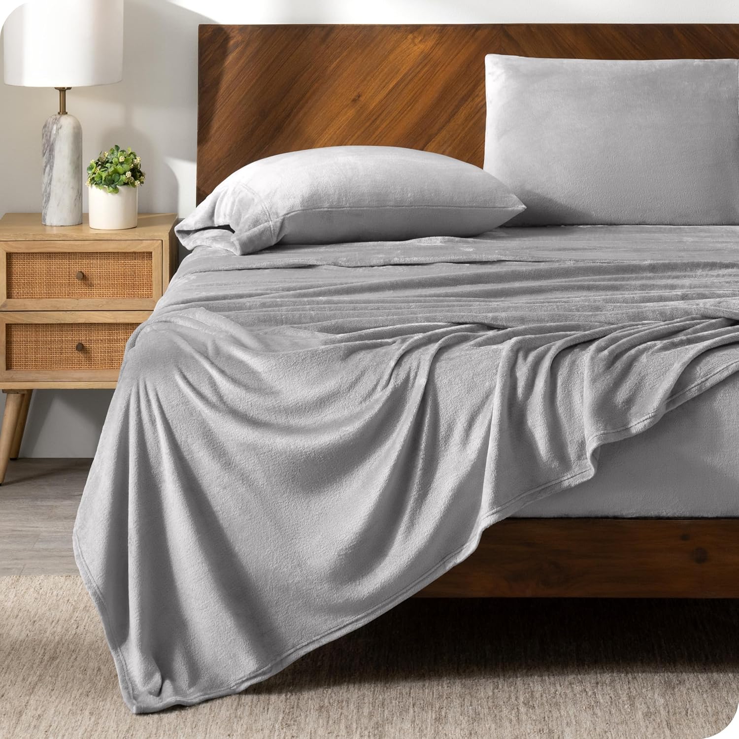 Bare Home Microplush Sheet Set, Deluxe Microplush, Bed Sheets, Deep Pocket, Extra Soft Velvety Bedding Set, All-Around Elastic Band Fitted Sheet, Microplush Bed Set (Queen, Light Grey)
