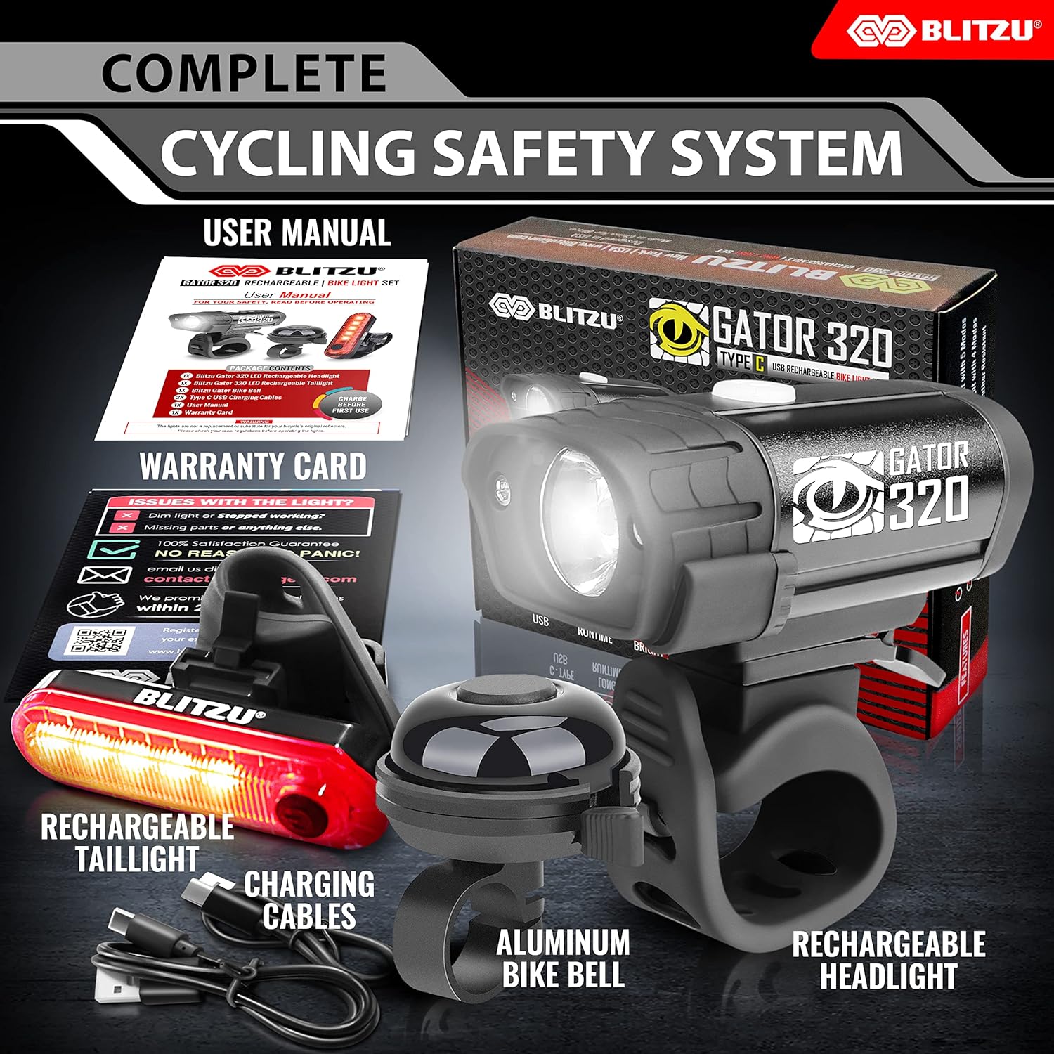 BLITZU Bike Lights, Bike Reflectors Front and Back. LED Rechargeable Headlight Rear Taillight & Bell Set Bicycle Accessories for Night Riding Men Women Kids. Gift for Dad, Mom, Boys, Girls ? ? ? ? ? - Image 6