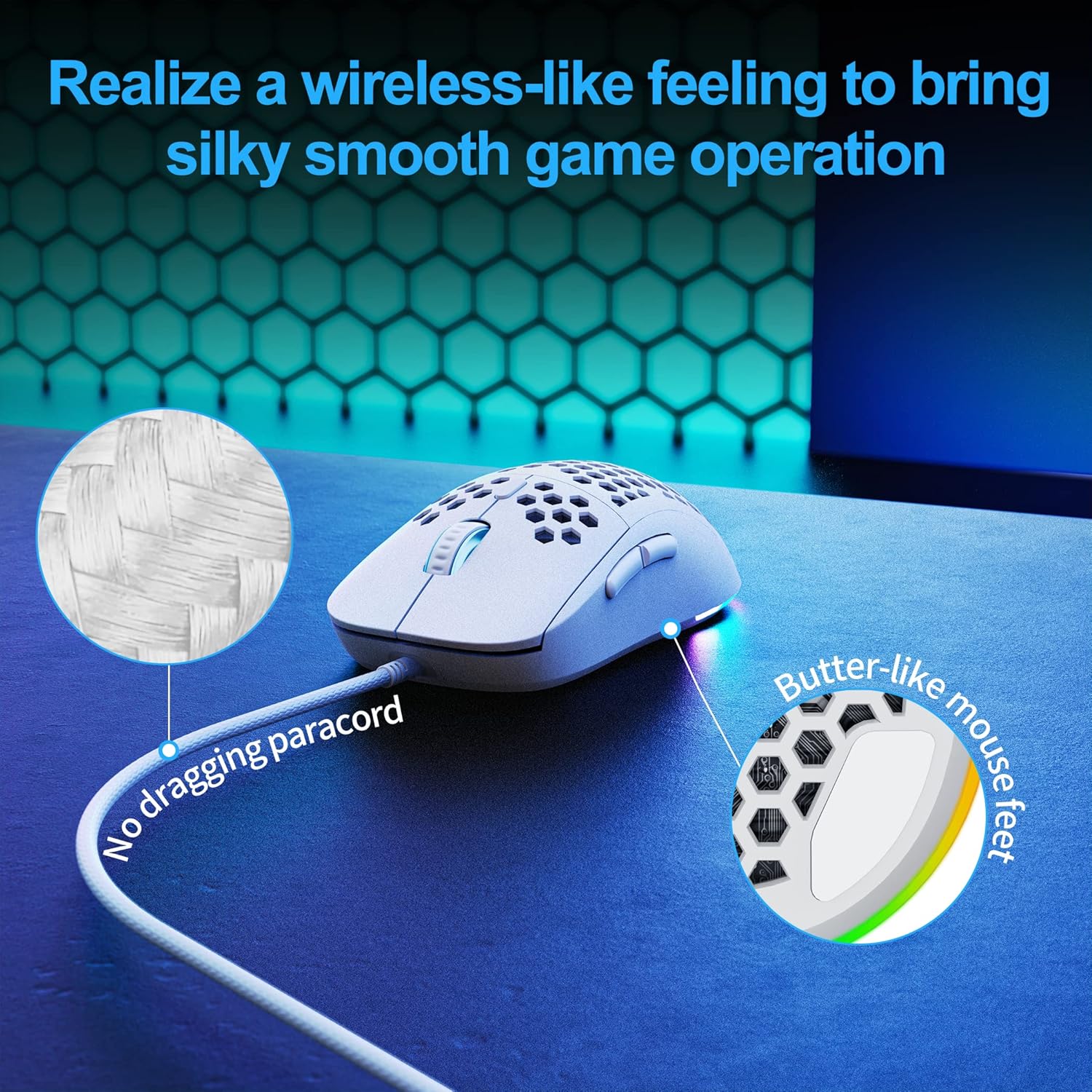 TMKB Falcon M1SE Ultralight Honeycomb Gaming Mouse, High-Precision 12800DPI Optical Sensor, 6 Programmable Buttons, Customizable RGB, Drag-Free Paracord, Ergonomic, Wired - Matte White - Image 5