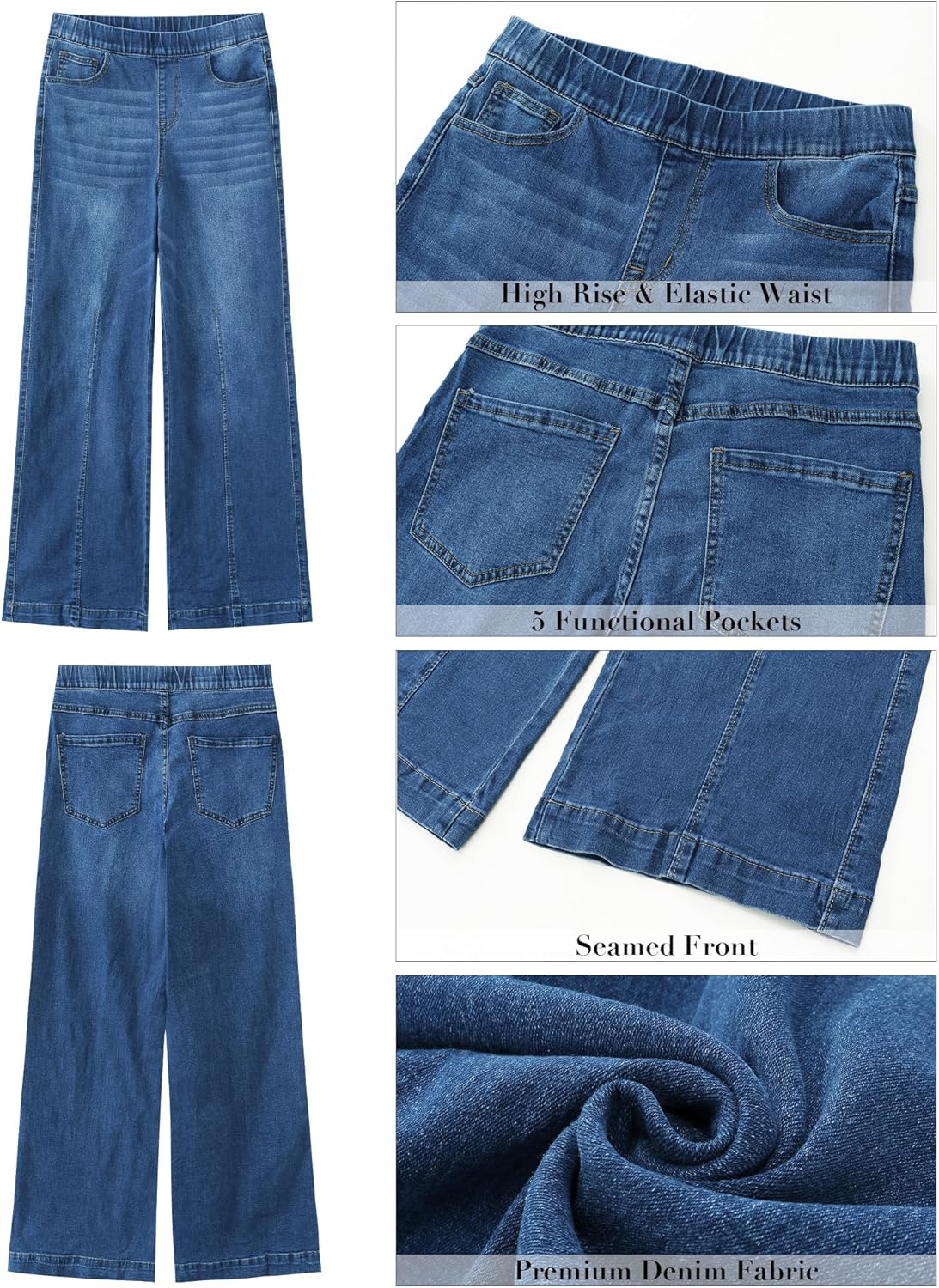 GRAPENT Pull On Womens Jeans Baggy Stretchy High Waisted Denim Wide Leg Trouser Pants Trendy Front Seam 90s Loose Jean ? - Image 5